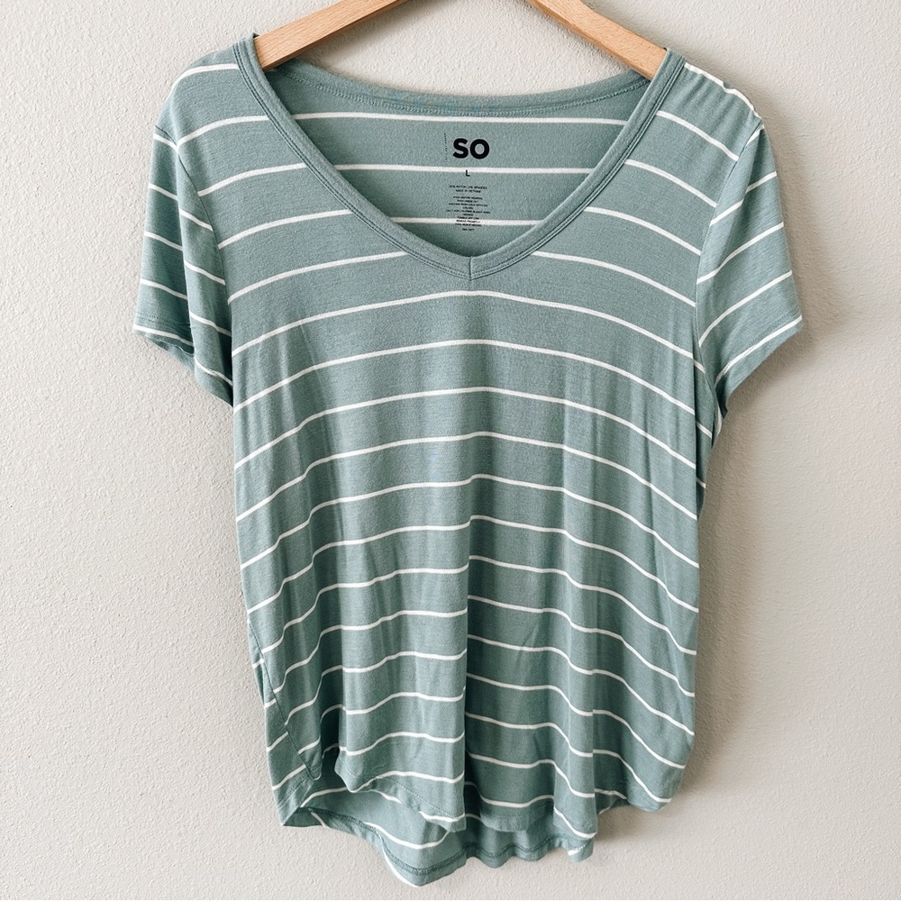 SO Women's Sage Green Striped V-Neck Tee